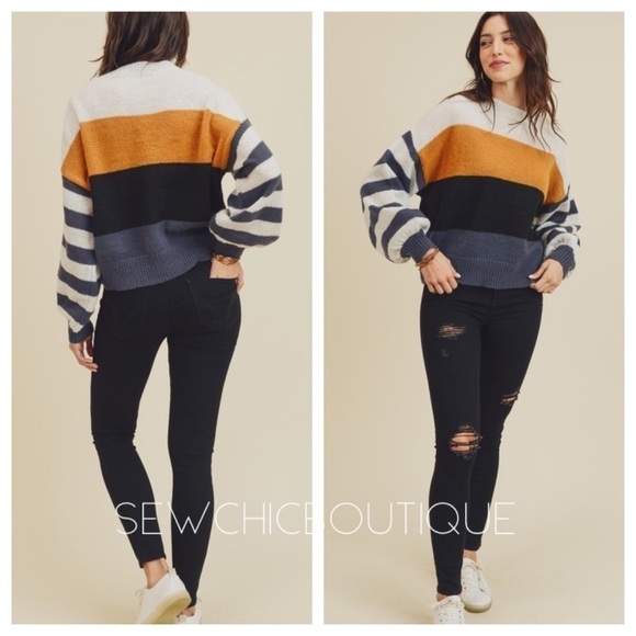 Color Block Sweater with Balloon Sleeves - Picture 2 of 5